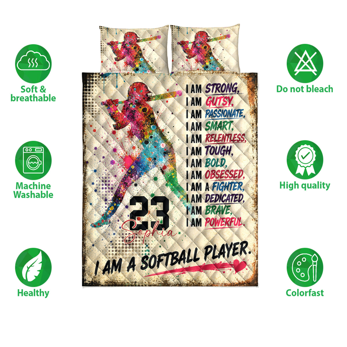 Softball quilt bedding set shown with colorful player artwork and breathable care feature icons