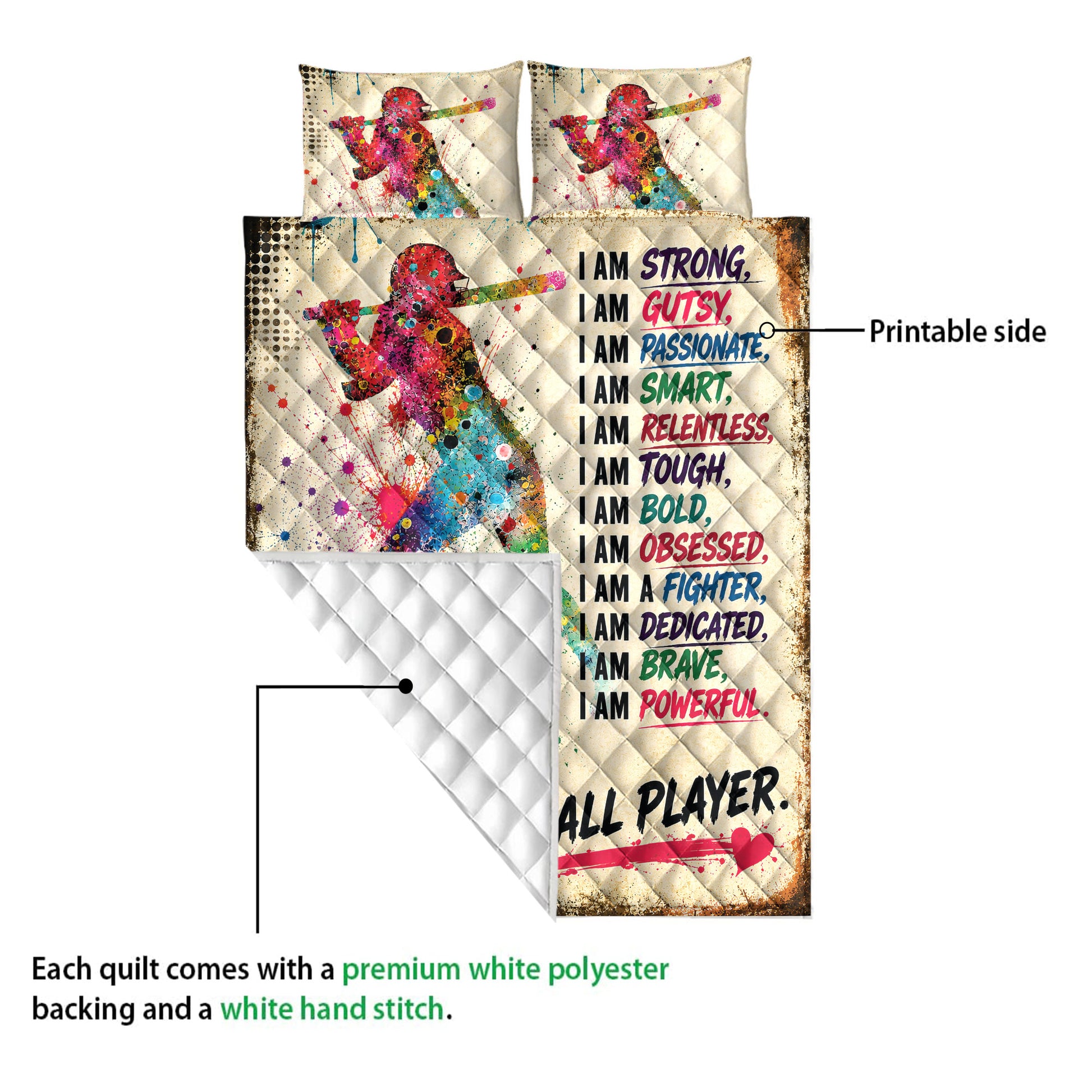Softball quilt blanket shown with printed front artwork and white diamond-stitched backing