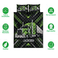 Green semi-truck quilt bedding set with matching pillowcases and black geometric design