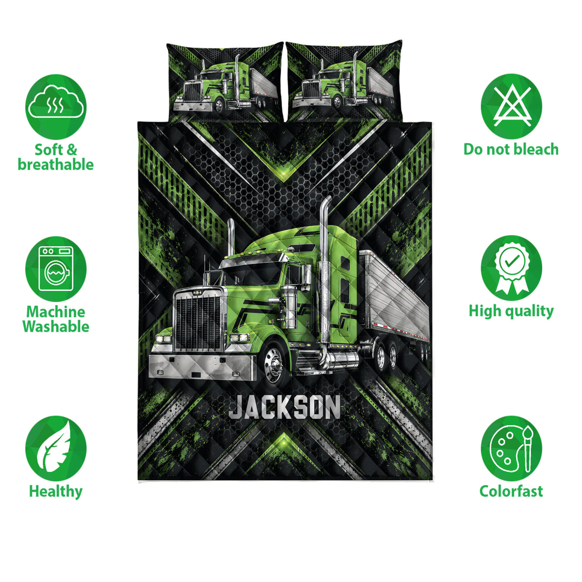 Green semi-truck quilt bedding set with matching pillowcases and black geometric design