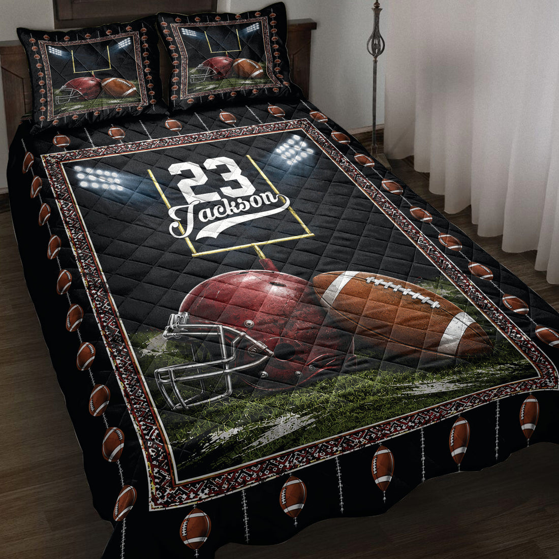 Football quilt blanket bedding set on a bed with stadium lights, helmet, footballs, and field artwork