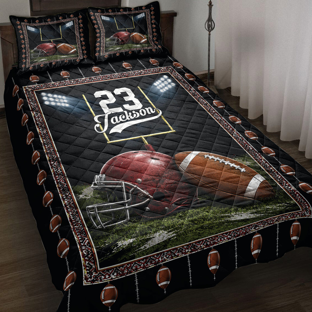 Football quilt blanket bedding set on a bed with stadium lights, helmet, footballs, and field artwork