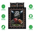 Football quilt bedding set displayed with stadium artwork, repeating football pattern, and product feature icons
