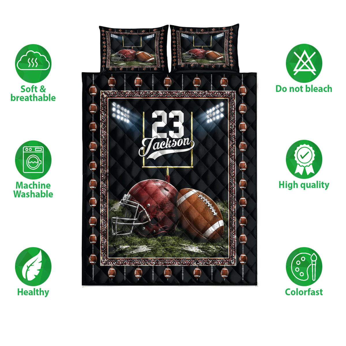 Football quilt bedding set displayed with stadium artwork, repeating football pattern, and product feature icons