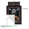 Football quilt showing the printed stadium side and white diamond-stitched backing