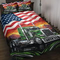 Trucker quilt bedding set featuring green semi trucks, American flag waves, mountain scenery, and bold road-themed artwork