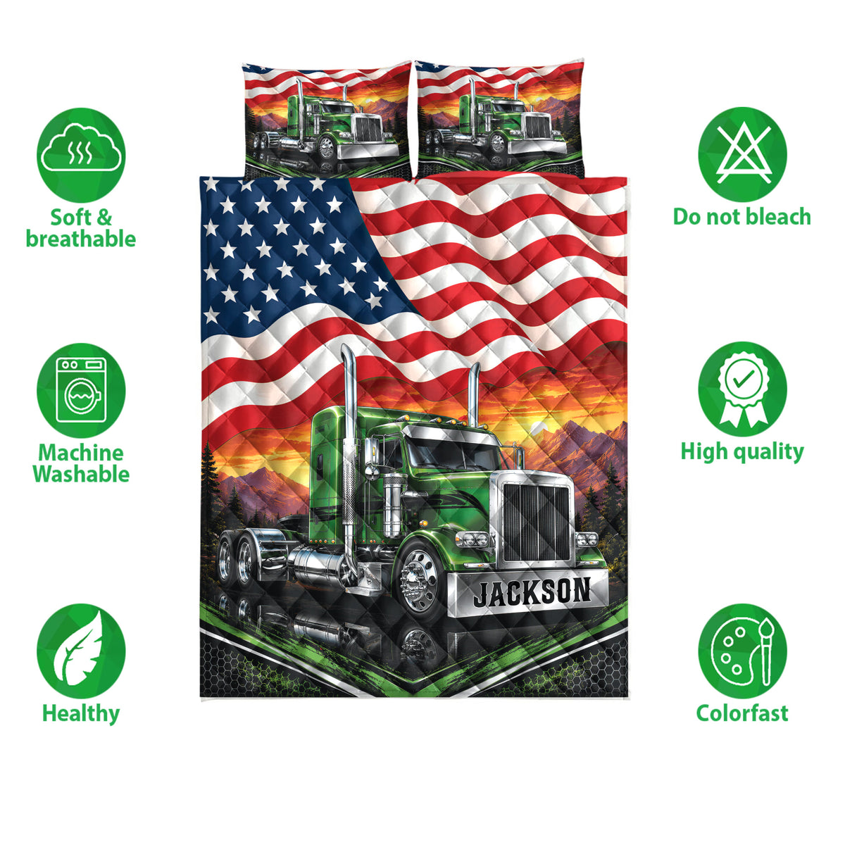 Green semi truck quilt bedding set displayed with American flag artwork and product feature icons