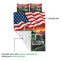 Trucker quilt showing green semi truck artwork, American flag design, printed front, and white quilted backing