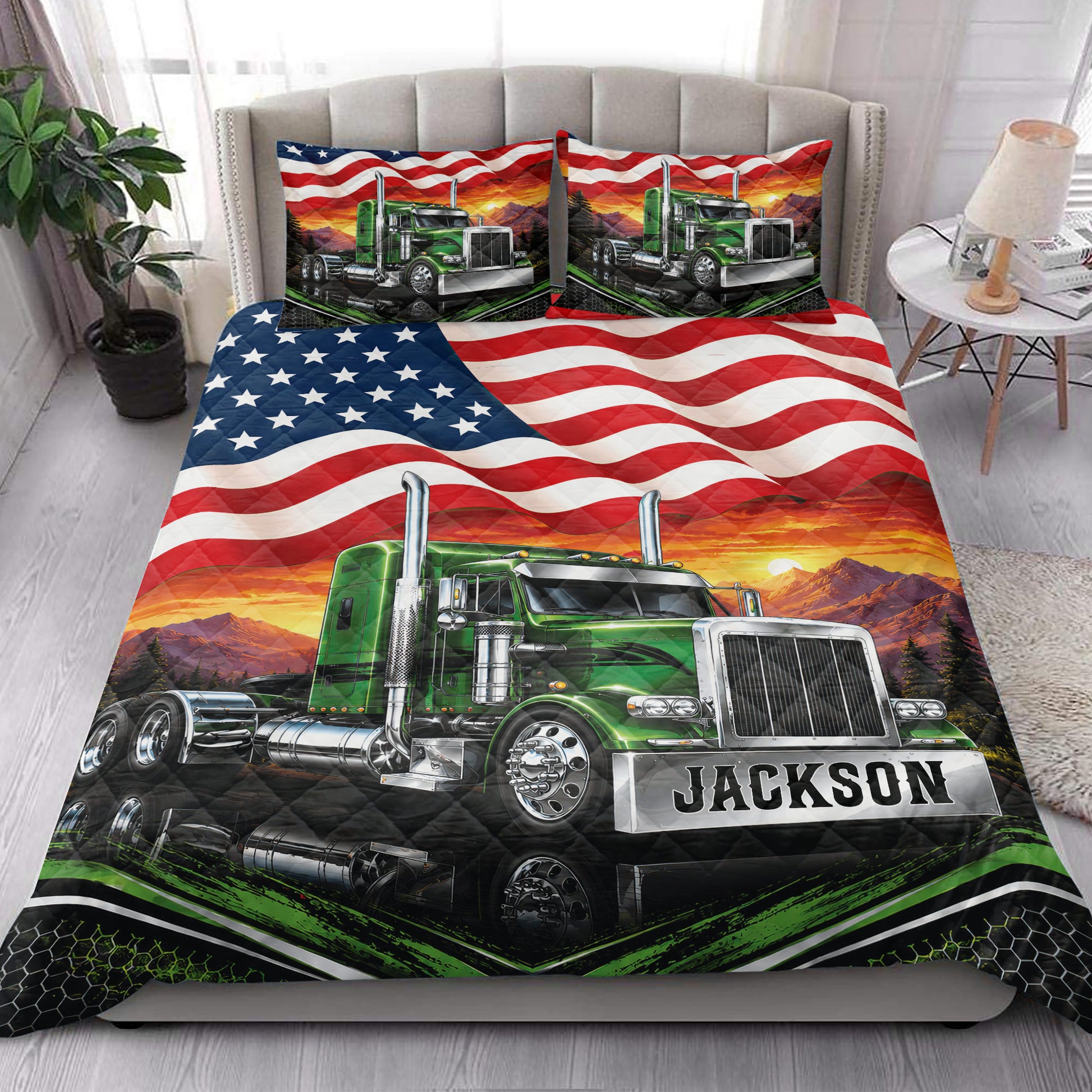 Trucker quilt bedding set styled on a bedroom bed with green semi truck and American flag artwork