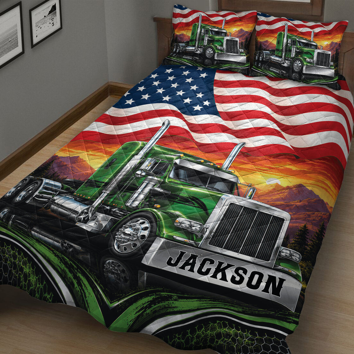 Close bedroom view of a green semi truck quilt with patriotic flag waves and dramatic mountain scenery