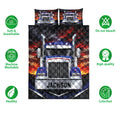 Trucker quilt bedding set featuring a front-facing semi-truck design in black, blue, silver, and red
