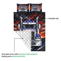 Trucker quilt close-up showing the printed semi-truck artwork and white quilted backing
