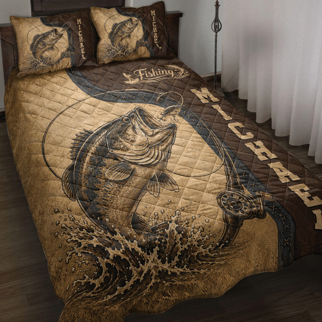 Fishing quilt blanket displayed on a bed with bass artwork, fishing gear details, and rustic brown bedroom colors