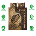 Fishing quilt bedding set with bass artwork shown alongside softness, washability, quality, and color features