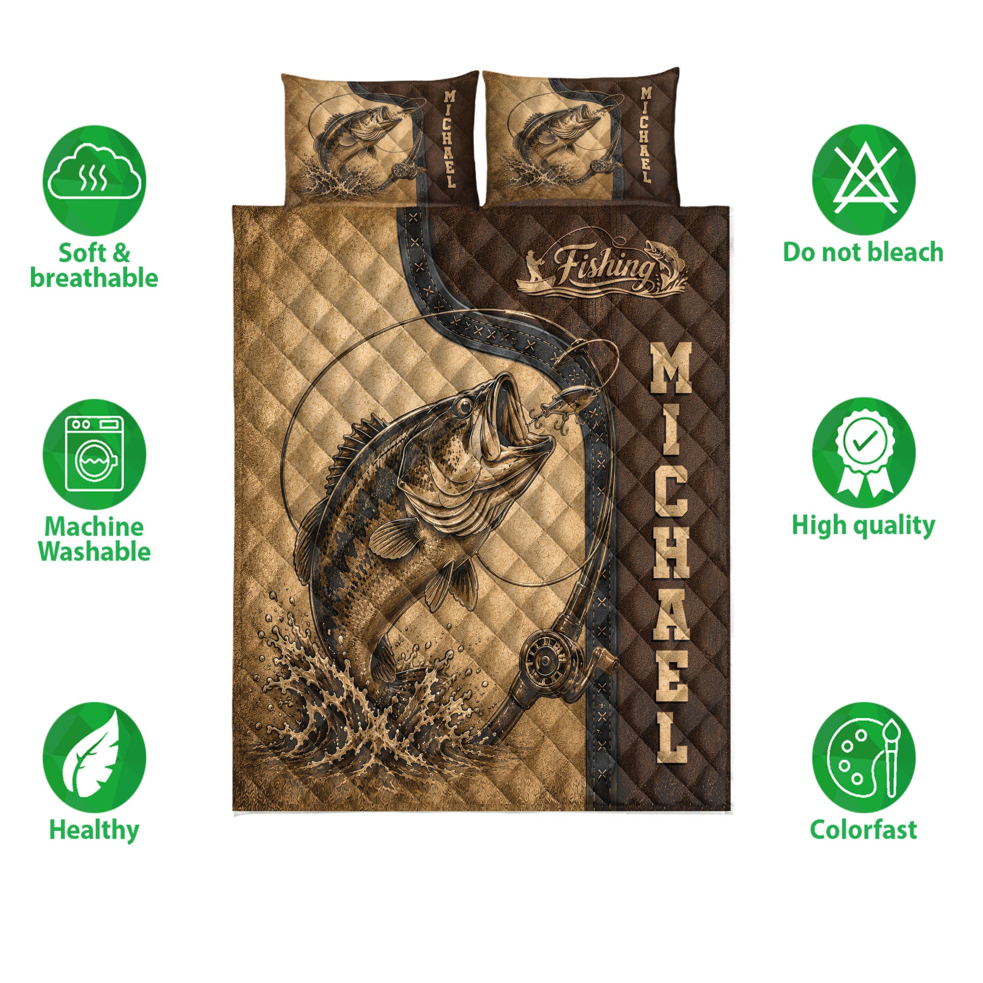 Fishing quilt bedding set with bass artwork shown alongside softness, washability, quality, and color features