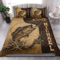 Fishing quilt blanket styled in a bright bedroom with large bass artwork and coordinated fishing-themed pillows