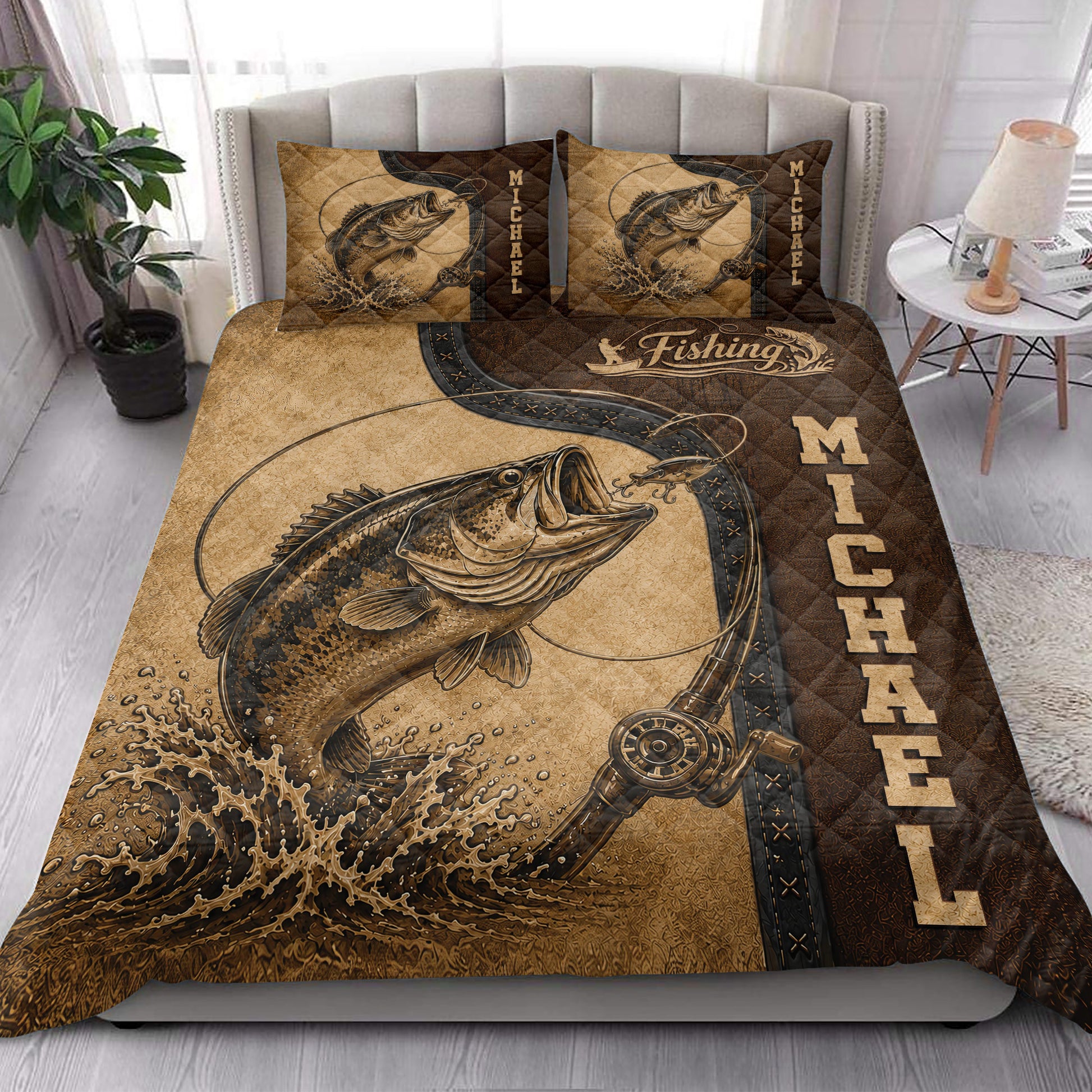 Fishing quilt blanket styled in a bright bedroom with large bass artwork and coordinated fishing-themed pillows