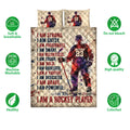 Hockey quilt bedding set front view with ice hockey player artwork, motivational typography, and product feature icons
