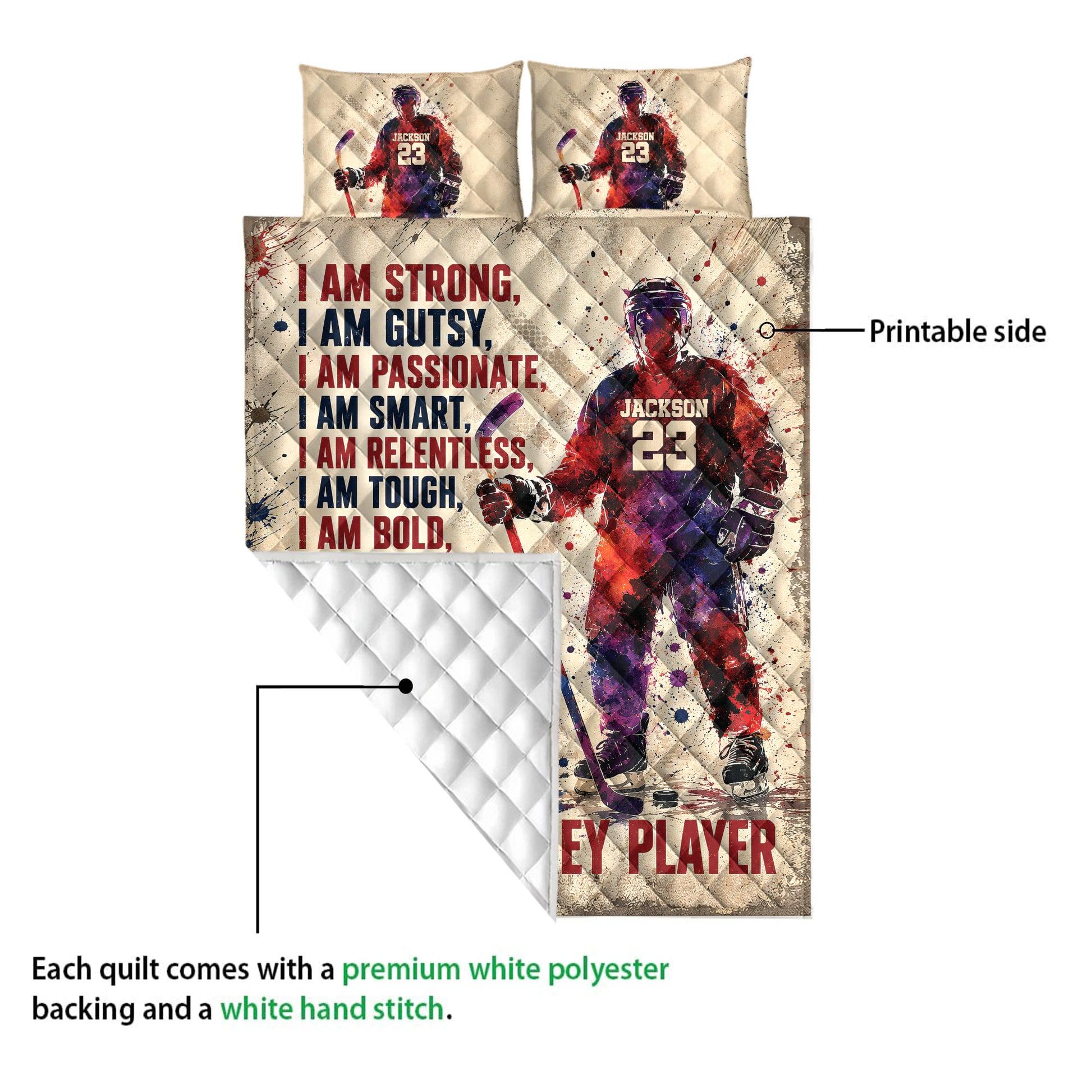 Hockey quilt showing the printed front artwork and white diamond-stitched reverse side
