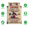 Softball catcher quilt bedding set shown front-facing with colorful artwork and product feature icons