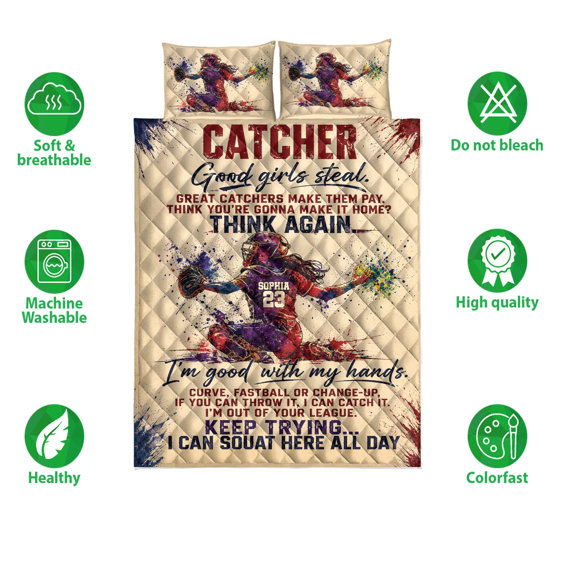 Softball catcher quilt bedding set shown front-facing with colorful artwork and product feature icons