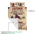 Softball catcher quilt blanket showing the printed front and diamond-quilted white backing