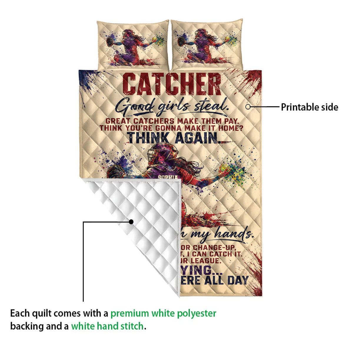 Softball catcher quilt blanket showing the printed front and diamond-quilted white backing