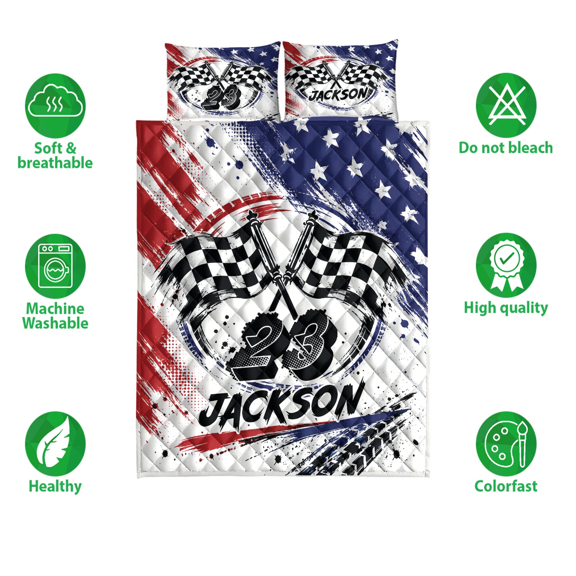 Racing quilt bedding set shown with checkered flag artwork and product feature icons