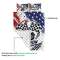 Racing quilt blanket showing the printed front and quilted reverse in a product detail view