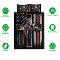 Motocross quilt bed set with dirt bike rider design shown alongside soft, washable, breathable, and colorfast icons