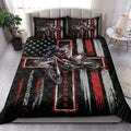 Motocross quilt bedding styled in a bedroom with patriotic dirt bike artwork and matching printed pillow designs