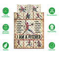 Softball quilt bedding set shown flat with pitcher, batter, catcher, colorful splatter artwork, and care feature icons