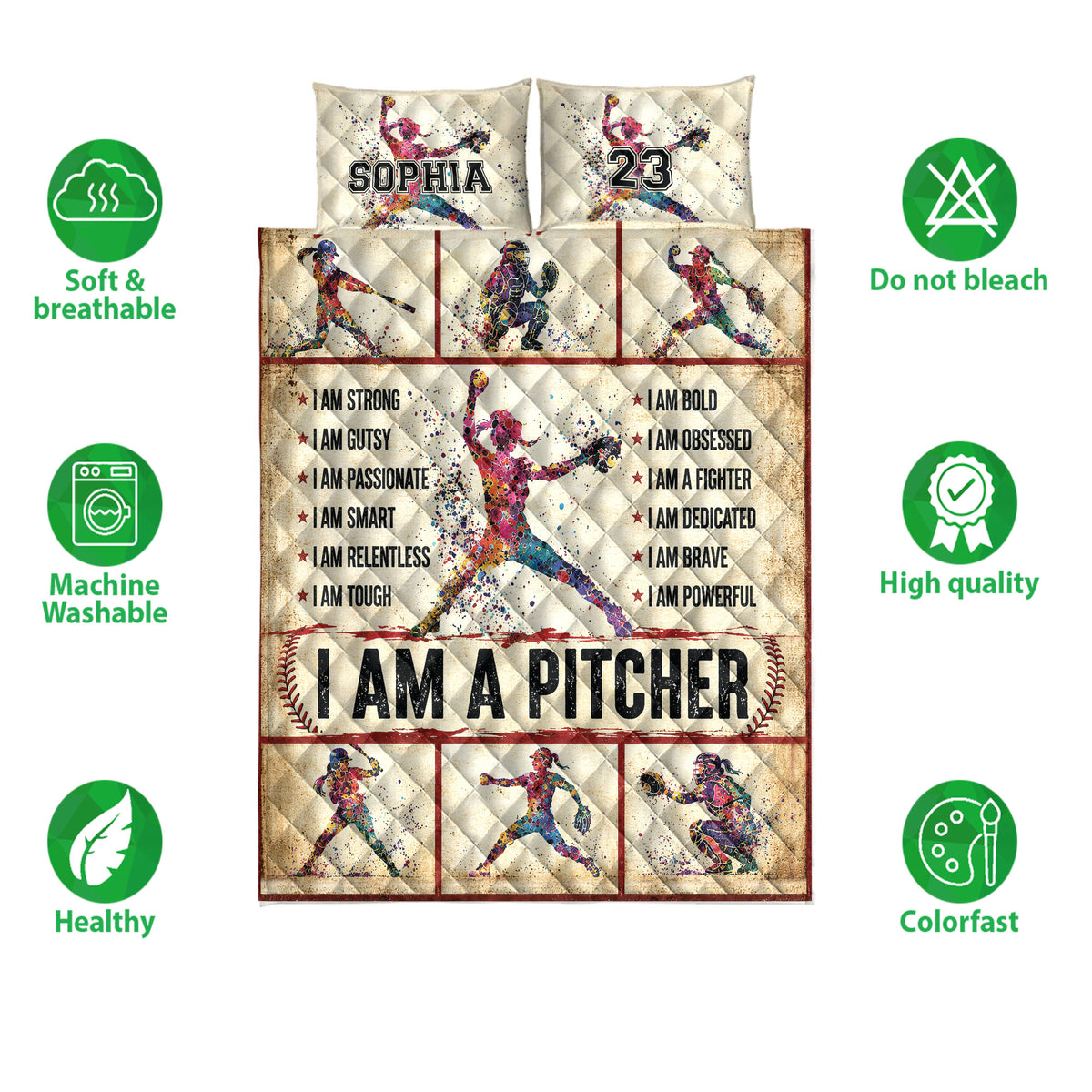 Softball quilt bedding set shown flat with pitcher, batter, catcher, colorful splatter artwork, and care feature icons