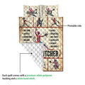 Softball quilt showing the printed front, quilted white backing, player illustrations, and bold sports artwork
