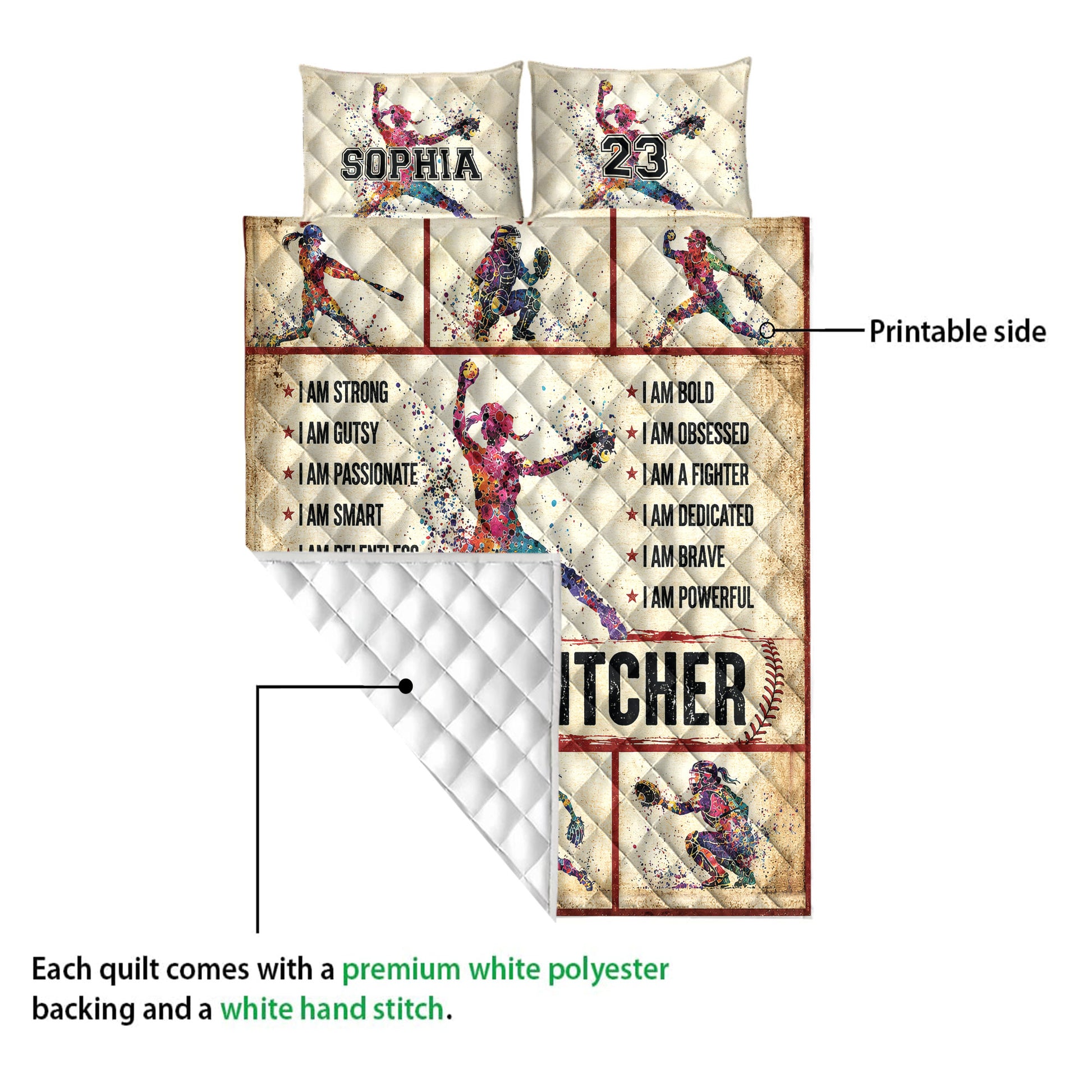Softball quilt showing the printed front, quilted white backing, player illustrations, and bold sports artwork
