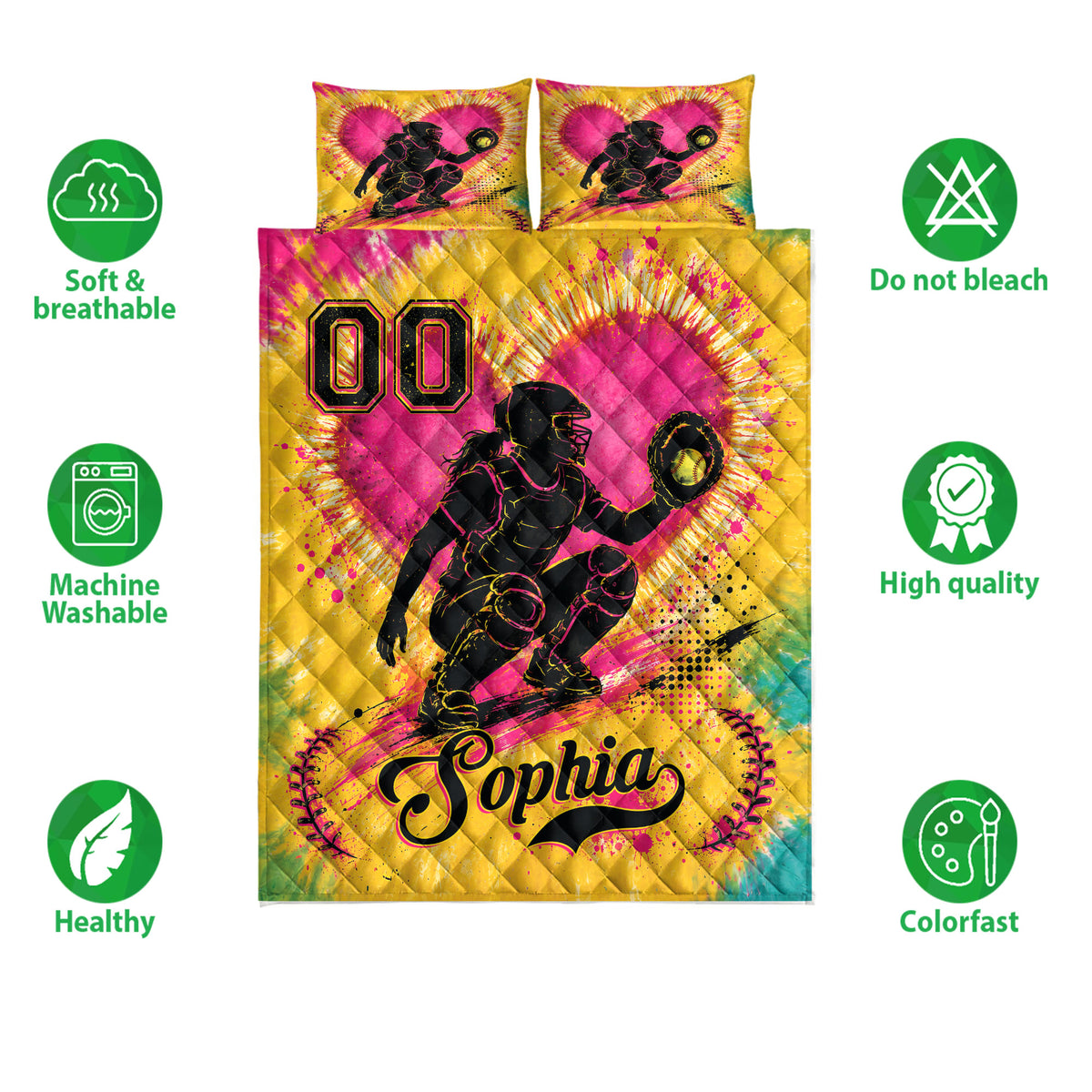 Softball quilt bedding set shown with vivid catcher artwork and product feature icons