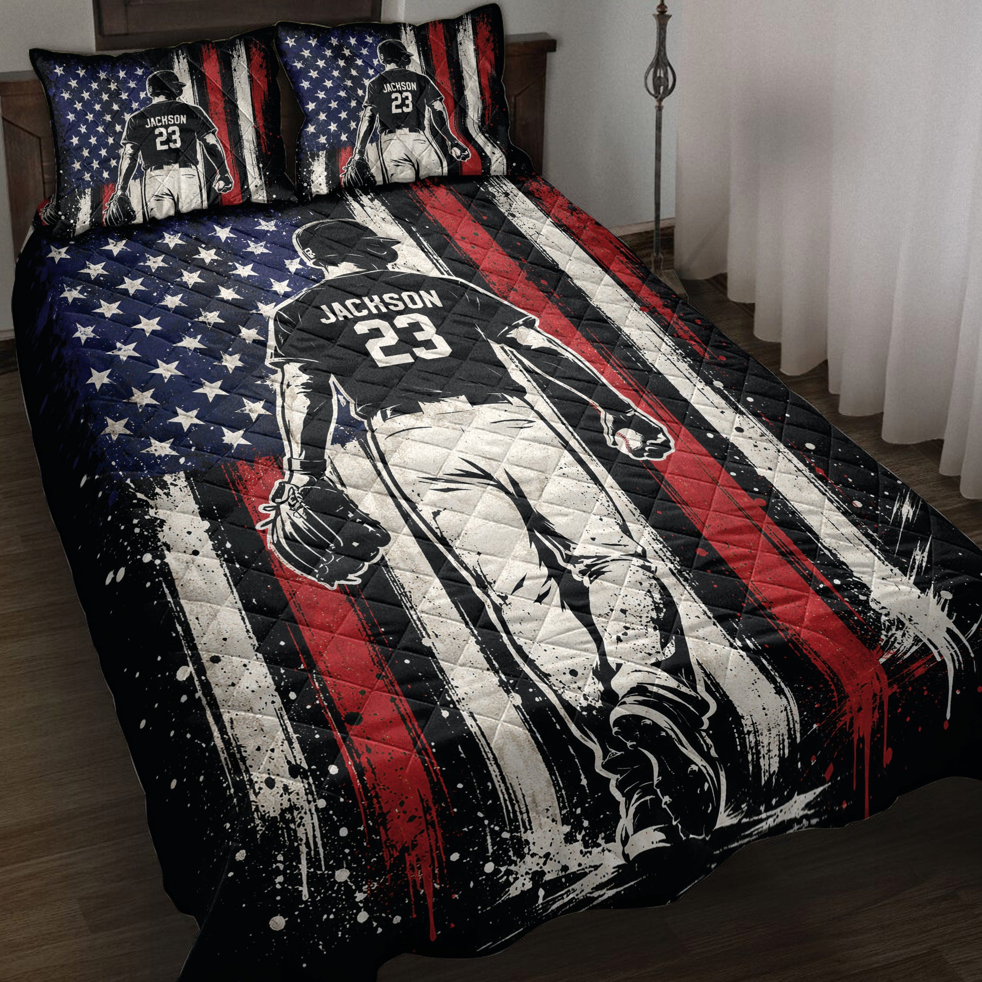 Baseball quilt blanket displayed on a bed with patriotic stars and red, white, and blue artwork