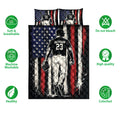 Baseball quilt bedding set shown with player artwork, patriotic colors, and breathable quilt features