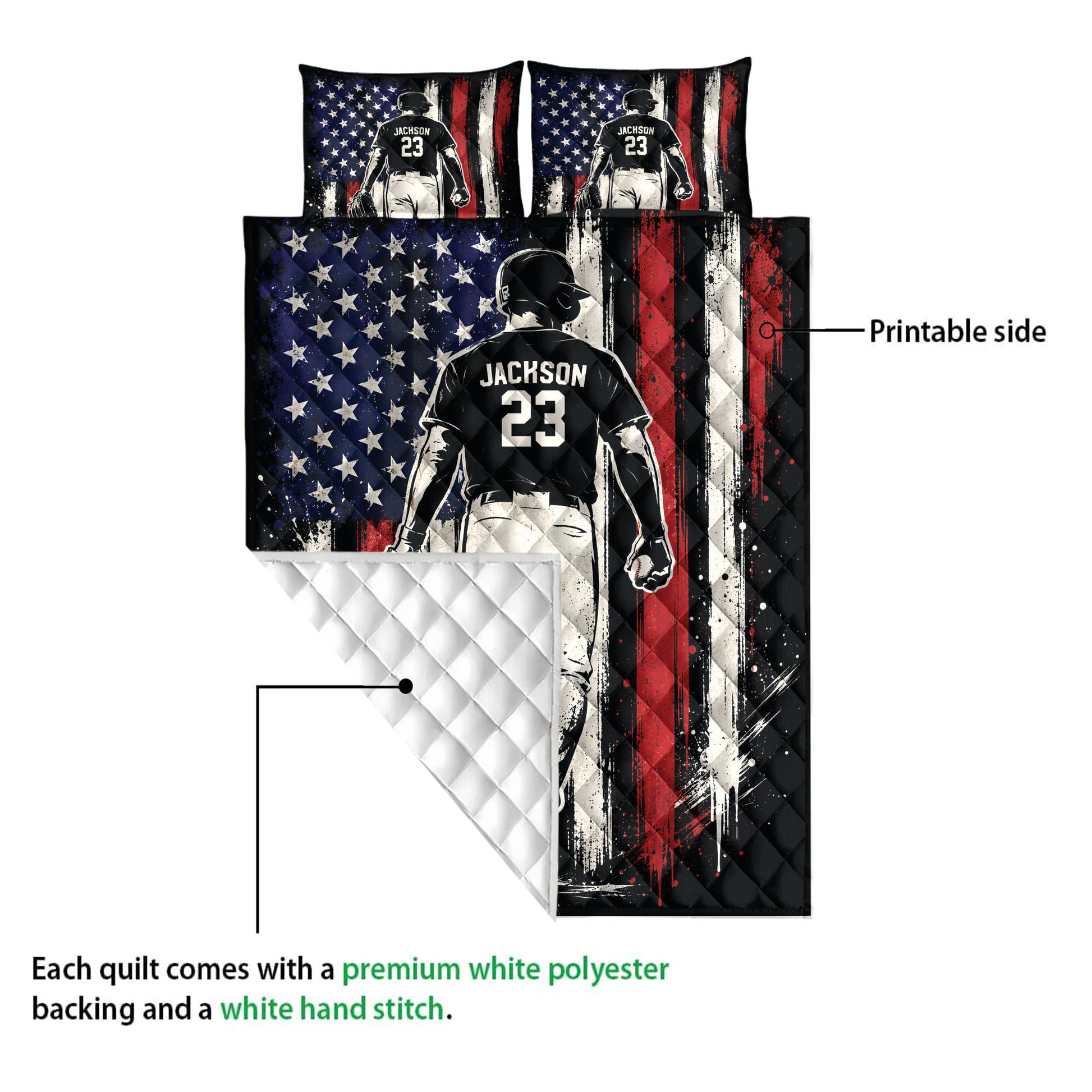 Baseball quilt showing the printed front and white quilted backing in a product detail view