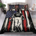 Patriotic baseball quilt blanket styled in a bright bedroom with coordinating baseball artwork