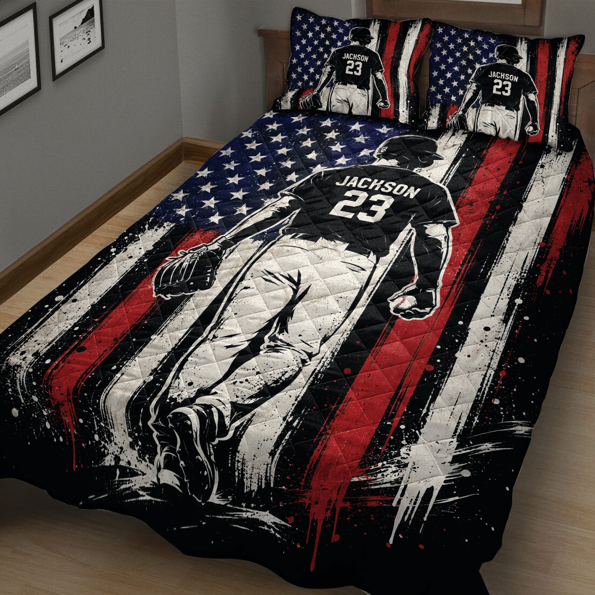 Close view of a baseball quilt blanket featuring a batter, baseball glove, and distressed flag design
