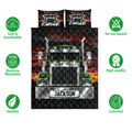 Semi truck quilt bedding set shown front-facing with matching truck artwork and product feature icons