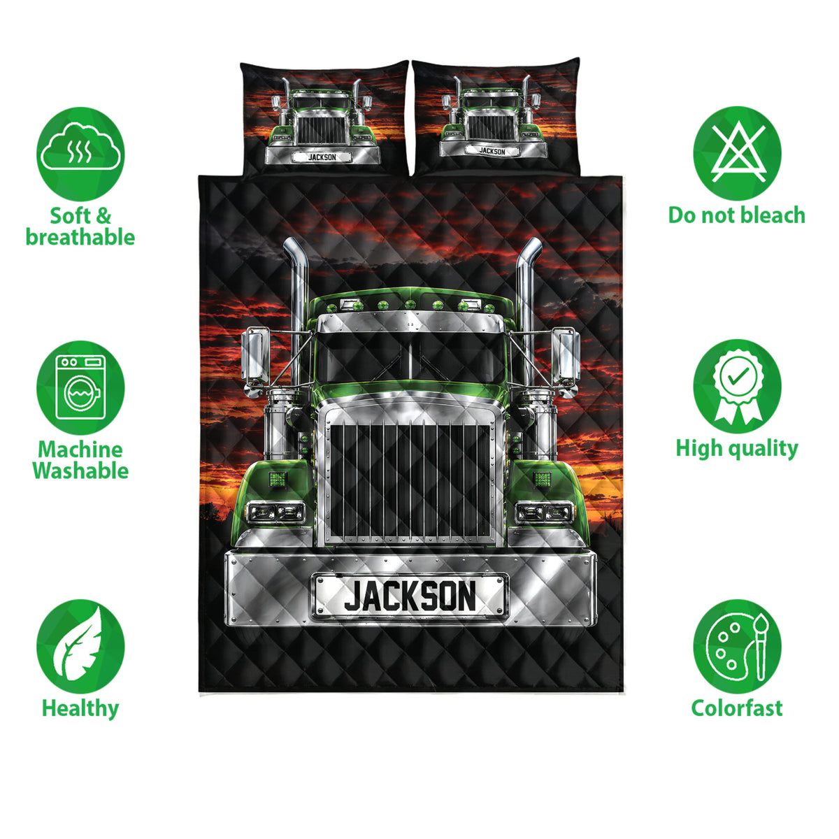 Semi truck quilt bedding set shown front-facing with matching truck artwork and product feature icons