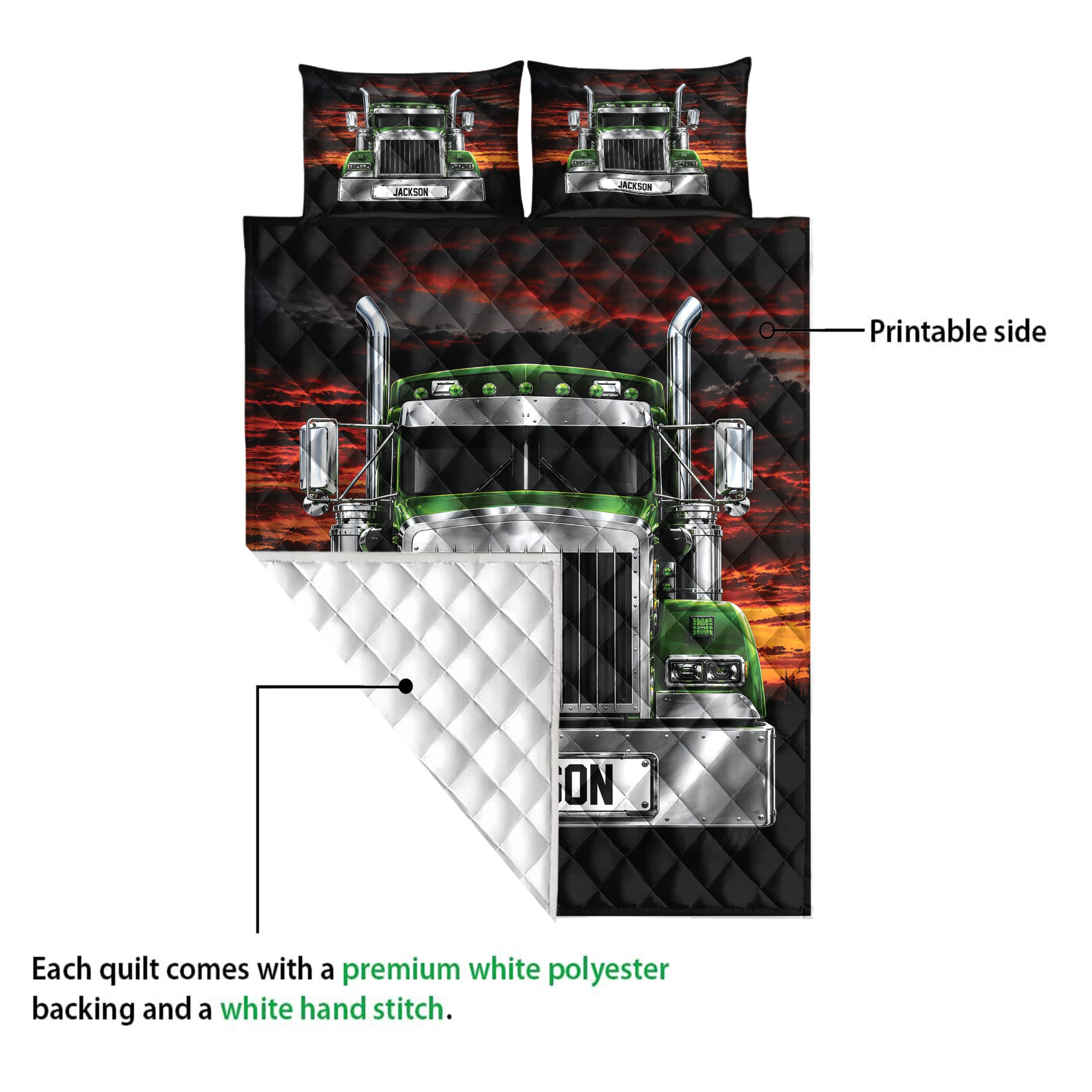 Trucker quilt blanket detail showing the printed semi truck design and white quilted backing