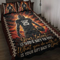 American football quilt bedding set styled on a bed with a dramatic player, fiery sports artwork, and football borders