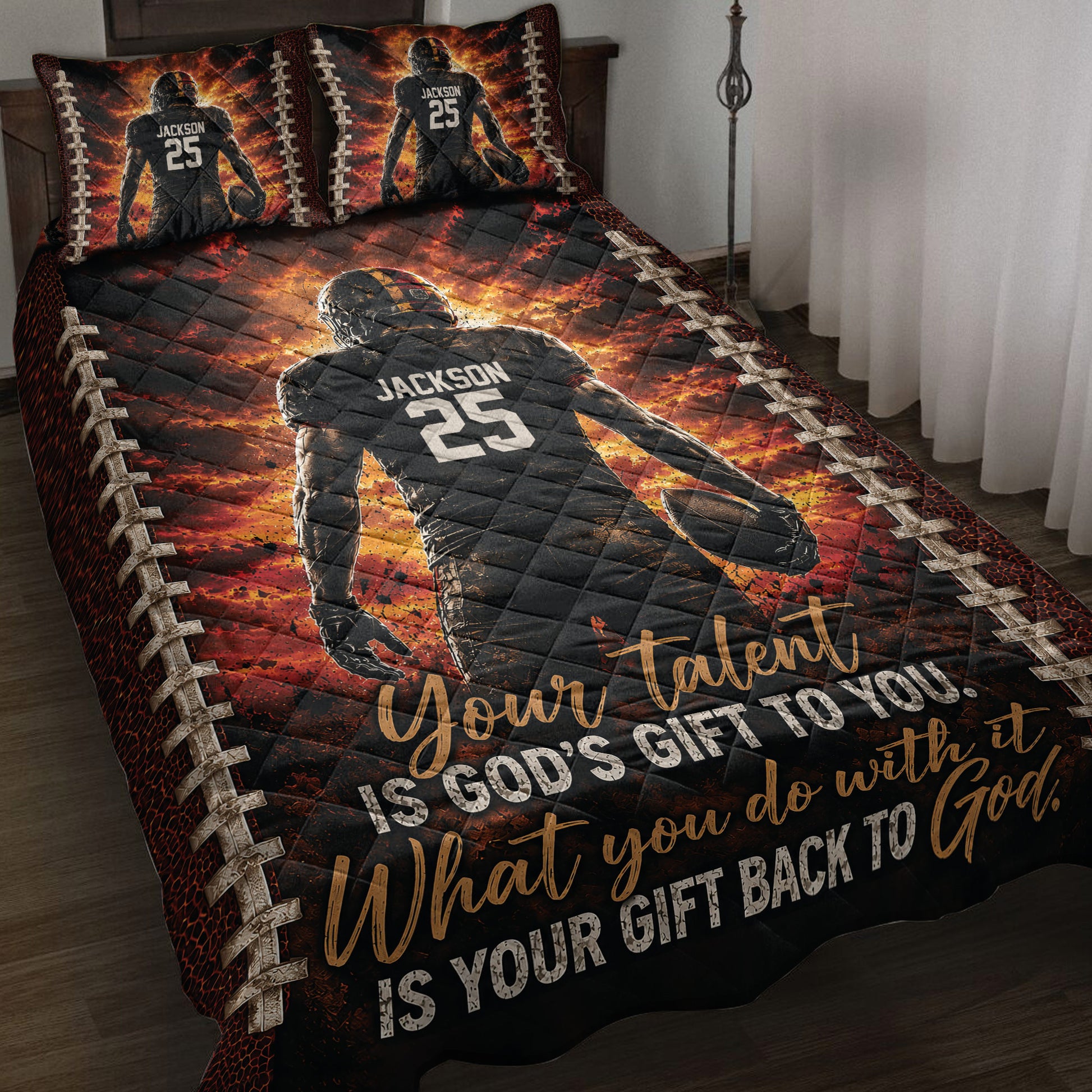 American football quilt bedding set styled on a bed with a dramatic player, fiery sports artwork, and football borders