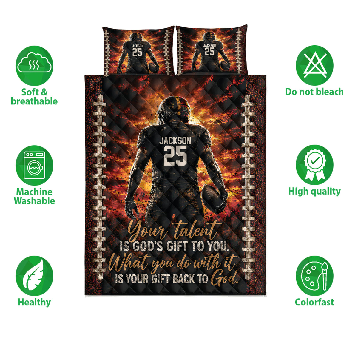 American football quilt blanket shown with matching pillowcase options and icons highlighting product features