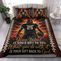 American football quilt bedding displayed in a bright bedroom with bold player artwork and inspirational sports design