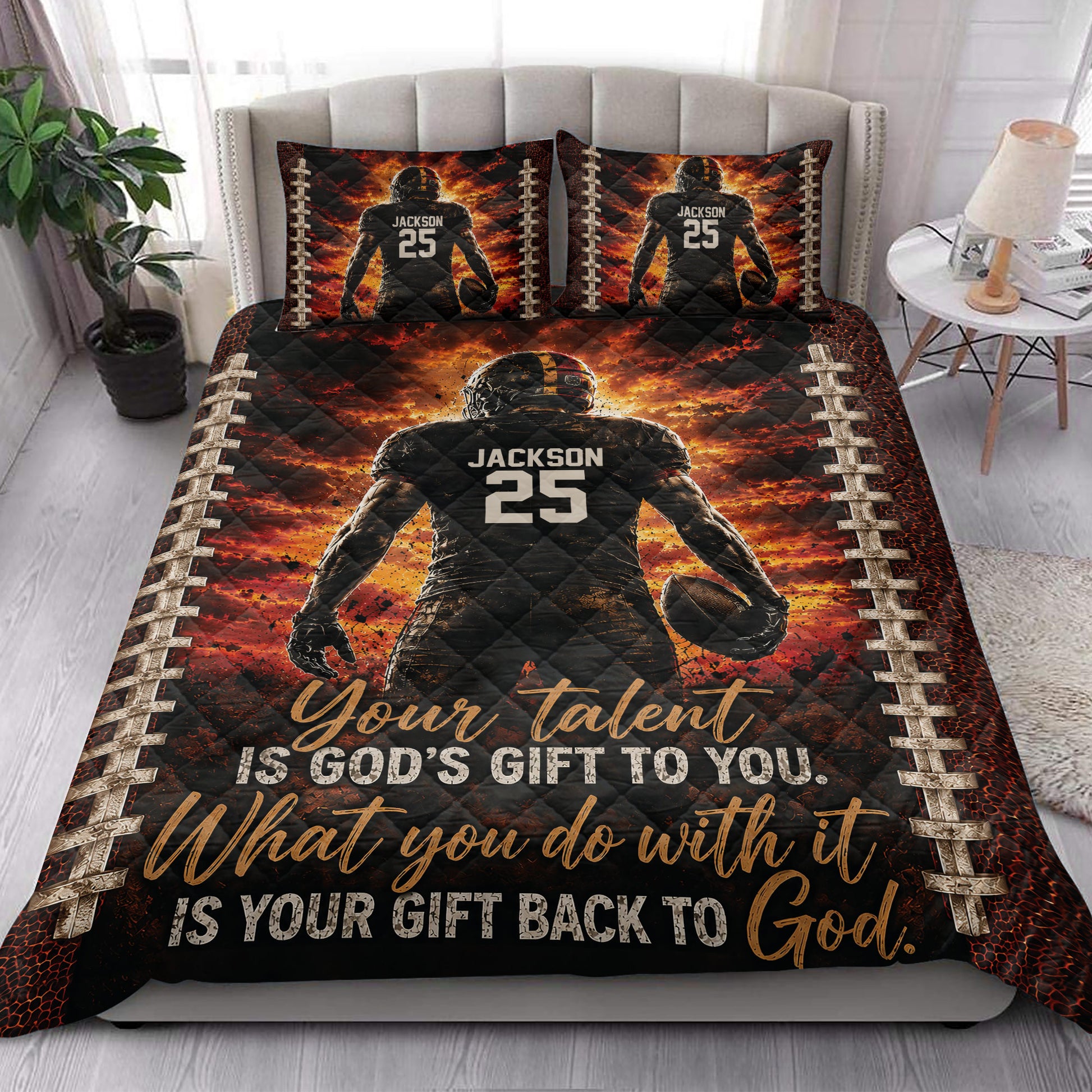 American football quilt bedding displayed in a bright bedroom with bold player artwork and inspirational sports design