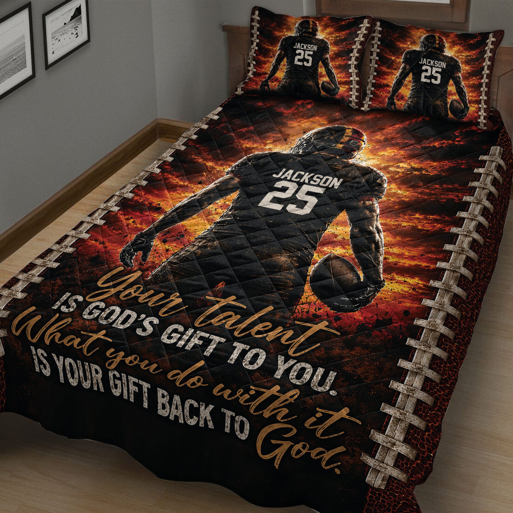 Close view of an American football quilt blanket featuring a helmeted player, fiery background, and motivational artwork